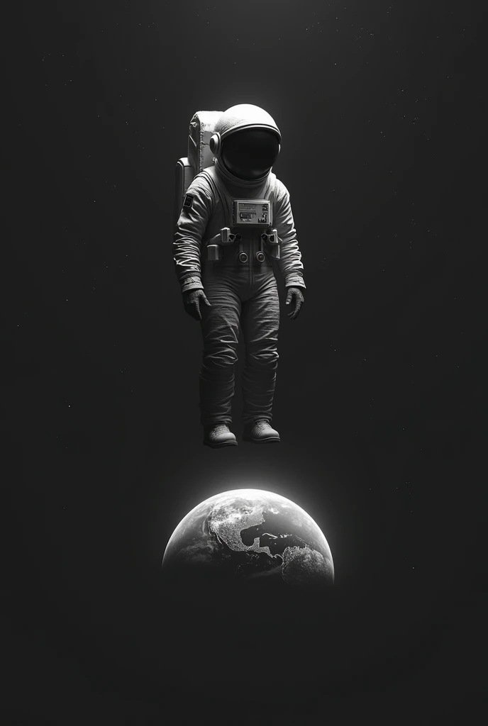 Make a depressed astronaut lost in space looking at the earth,in black and white 