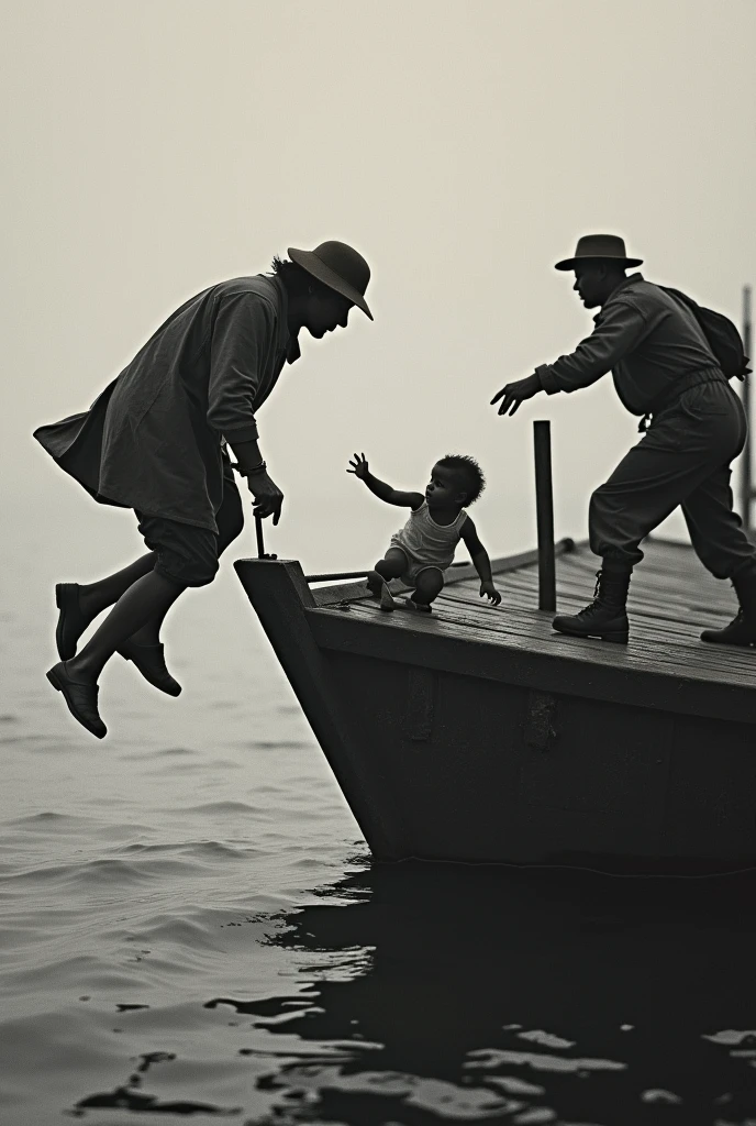 generates an image with this context: The woman, in an act of desperation, threw her baby from the dock and the baby managed to fall right on the edge of the boat, thus managing to rescue her daughter., while the soldiers kicked her.
