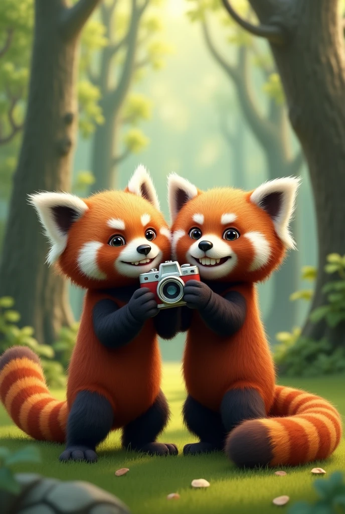 Two red pandas taking a selfie while posing
