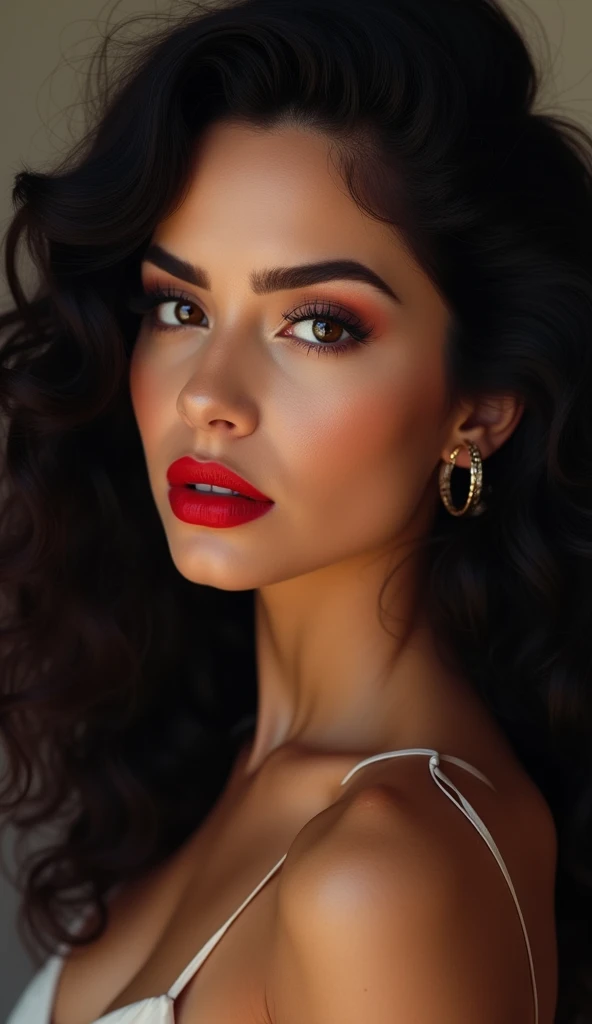 arafed woman with red lipstick and black hair posing for a picture, black curly hair, curly black hair, curly dark hair, detailed face with red lips, soft portrait shot 8 k, black long curly hair, gorgeous latina face, long black curly hair, sultry digital painting, portrait shot 8 k, detailed beauty portrait, sexy face with full makeup