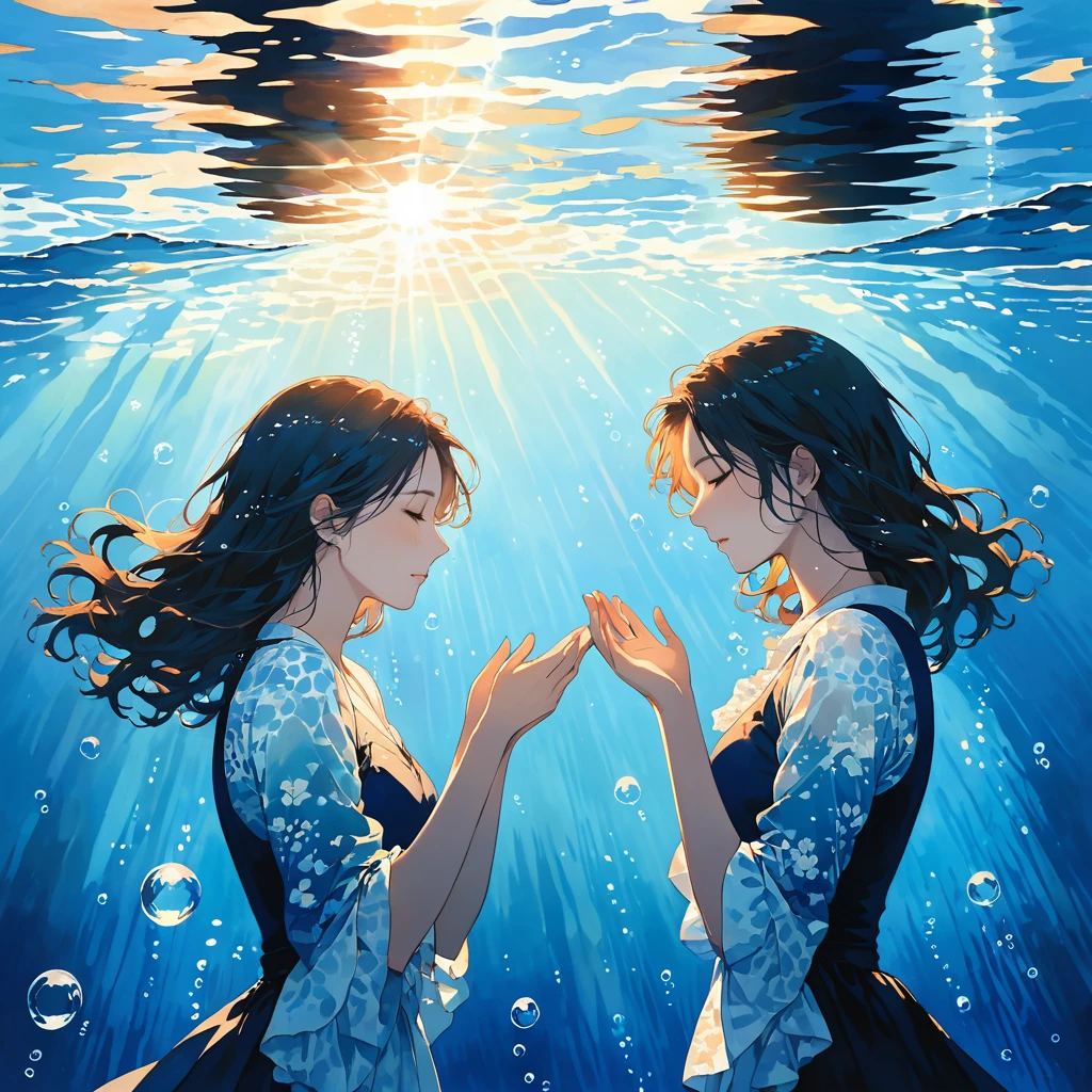 A serene and emotional underwater scene, depicting two silhouettes of lovers drifting apart beneath the surface. The water is a deep, tranquil blue, with rays of morning light filtering through, creating soft, dappled patterns. Their hands are almost touching, symbolizing a connection that is slowly fading. The atmosphere conveys a sense of melancholy and beauty, with bubbles and gentle waves emphasizing the feeling of being submerged in dreams. Above the water, the faint glow of dawn is visible, hinting at hope and sorrow intertwining