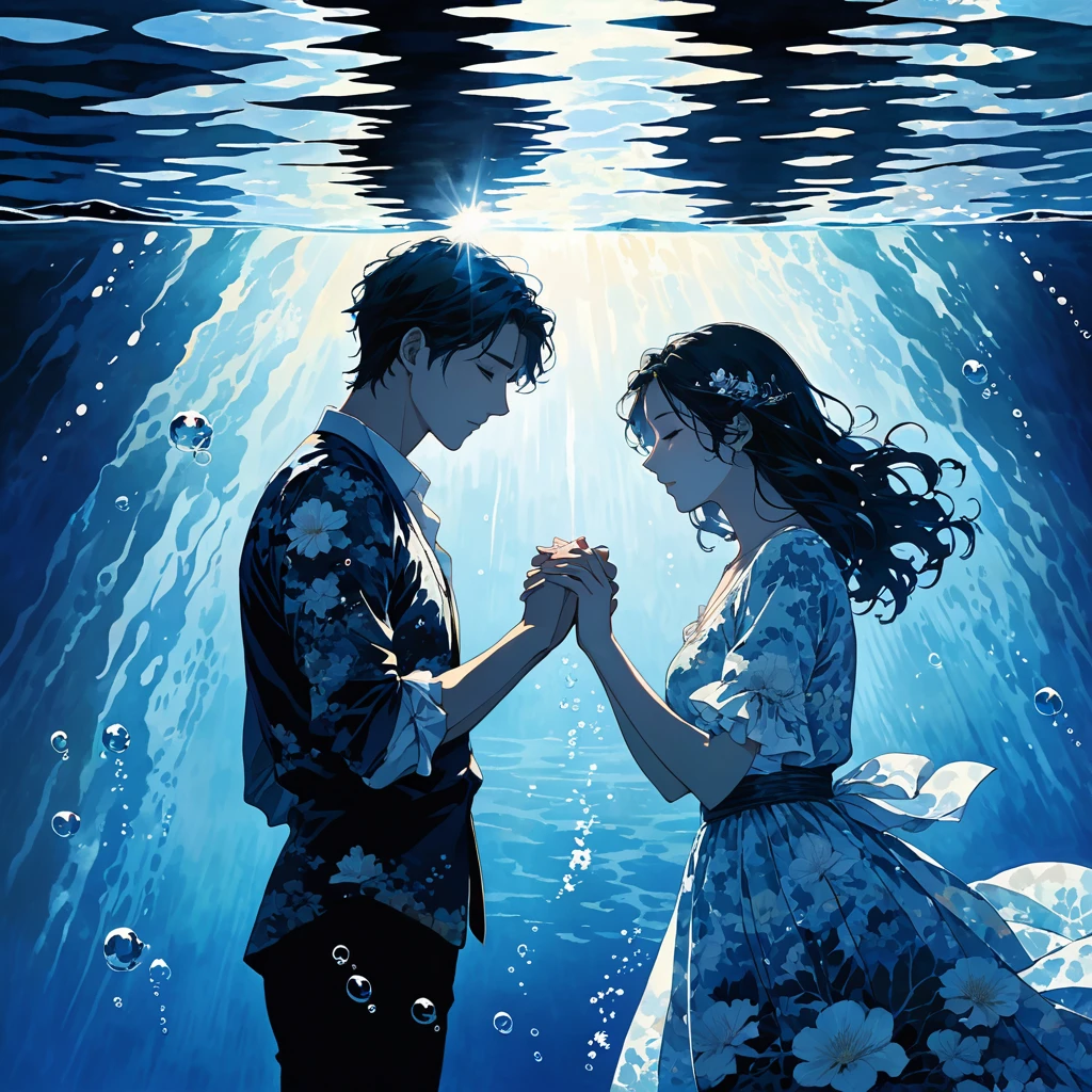 A serene and emotional underwater scene, depicting two silhouettes of lovers drifting apart beneath the surface. The water is a deep, tranquil blue, with rays of morning light filtering through, creating soft, dappled patterns. Their hands are almost touching, symbolizing a connection that is slowly fading. The atmosphere conveys a sense of melancholy and beauty, with bubbles and gentle waves emphasizing the feeling of being submerged in dreams. Above the water, the faint glow of dawn is visible, hinting at hope and sorrow intertwining