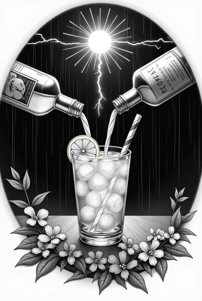 a bottle of lemonade and a bottle of whiskey pour into a glass at the same time. from right and left. SO TWO different bottles. There is a skull on the glass. in the glass are ice cubes on the edge is a lemon slice and in the glass is a straw . It's raining in the background. Sun rays shine. There is a lot of lightning. The picture is a black and white.. Fashionable flowers at the bottom .Picture is a drawing .the picture is round . Lightning and sun rays protrude all around