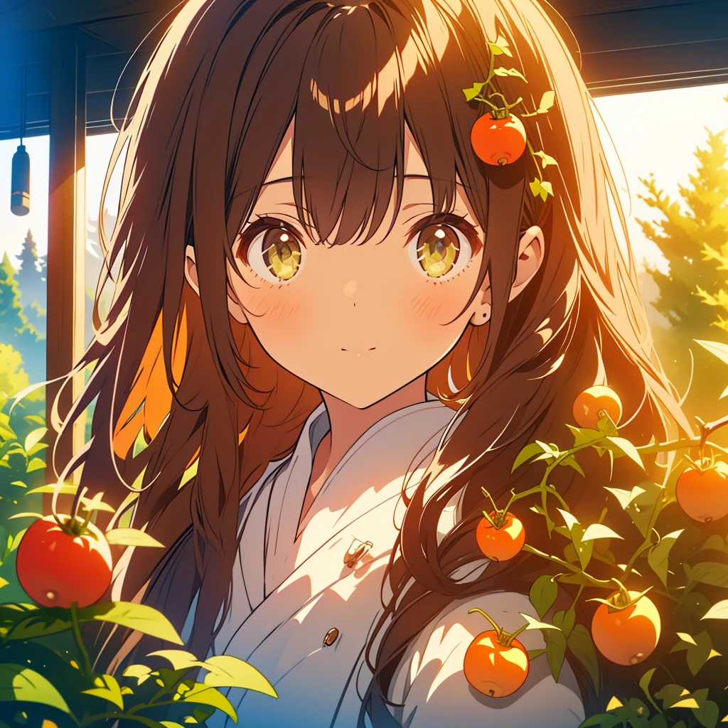 husk tomato、A girl with long dark brown hair and green eyes、Highlight on eyes、afternoon、countryside、Suspicious expression、Detailed facial expressions、Draw a single person、squat、winter cherry, Physalis alkekengi var. franchetii