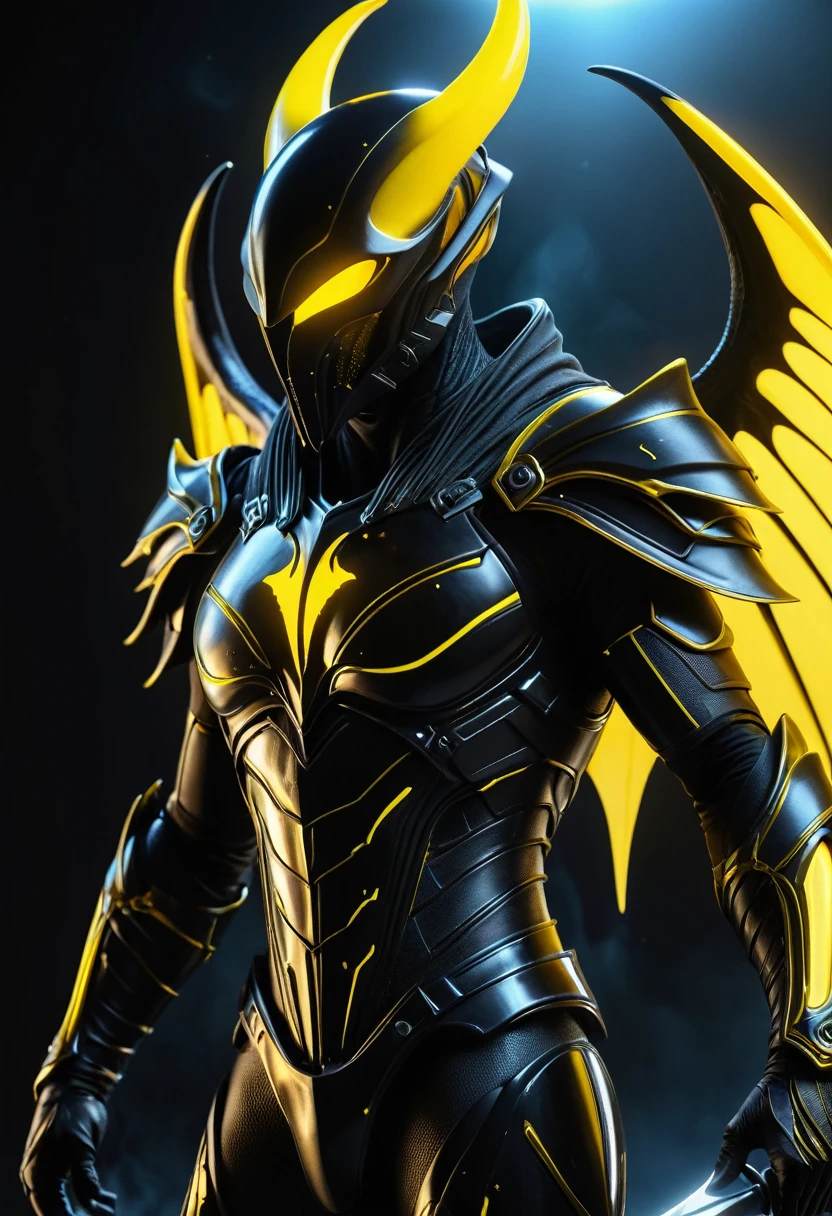 alien warrior, futuristic glossy black bodyform armor, sleek helmet with glowing yellow thin visor, large glowing horns, intricately designed advanced technology armor, ethereal transparent glowing bat wings, powerful pose, holding reaper scythe with glowing yellow blade, high-tech otherworldly scene, (best quality,4k,8k,highres,masterpiece:1.2),ultra-detailed,(realistic,photorealistic,photo-realistic:1.37),cinematic lighting,dramatic shadows,hyperdetailed,extremely detailed, cinematic composition, stunning visual effects