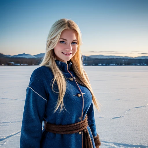 Girl, blond and straight and long hair, blue eyes, smile, big breasts, winterclothes, standing in frozen landscape