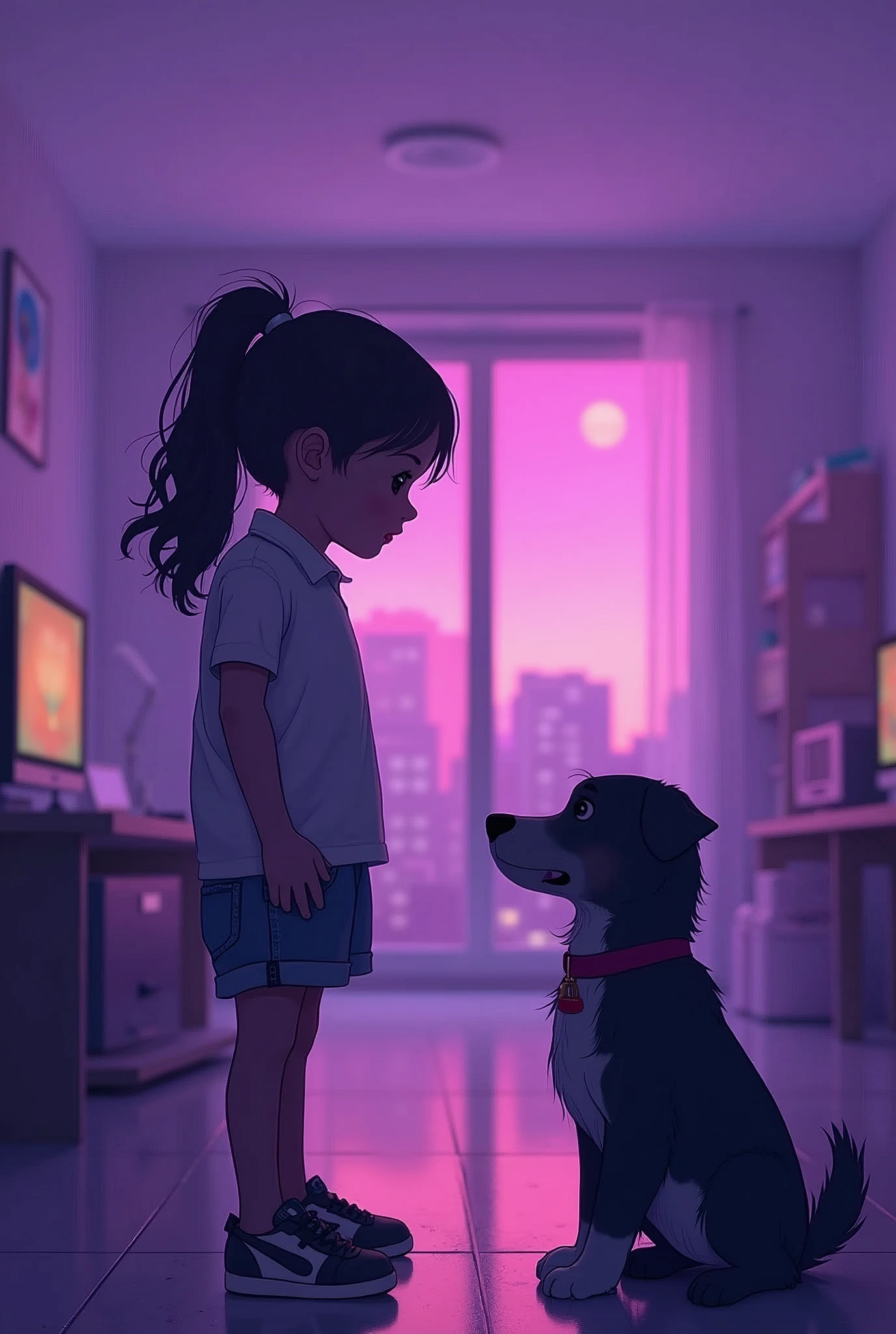 I need wallpaper for pc which should be purple color and  girl with dog play game 