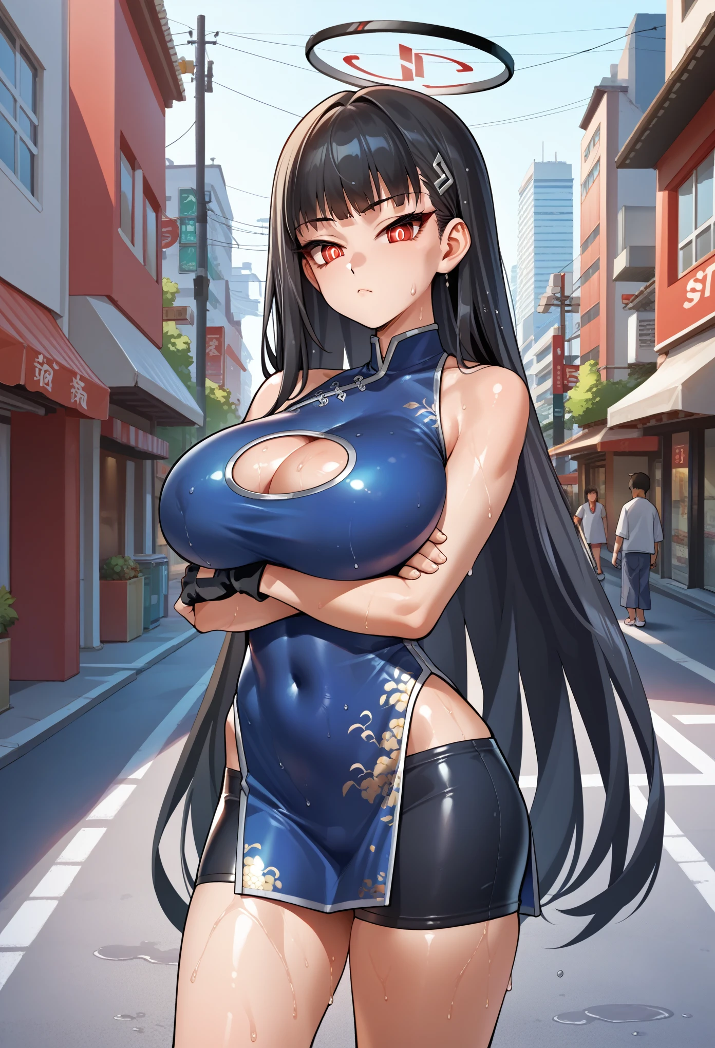 score_9, score_8_up, score_7_up, score_6_up, score_5_up, score_4_up, source_anime, RAR, 1girl, solo, huge breast, deep cleavage, colothes cutout, crossed arms, shiny skin, shiny clothes, gel skin,sweat, TsukatsukiRio, black hair, red eyes, ringed eyes, white pupils, hairclip, halo, bored,more detail XL, wet skin, sexy attire, China dress, sleeveless, pelvic curtain, shorts under dress, (bike shorts), fingerless gloves, fine fabric emphasis, City, street, commercial street, sunny day, 