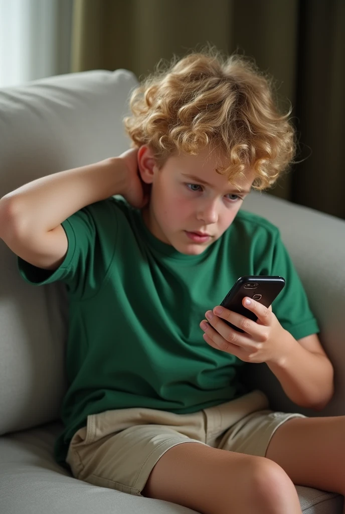 A 17 year old boy, A boy with curly blond hair, green eyes, a green shirt, beige short pants sitting on a couch, looking on his black phone and scratching his back