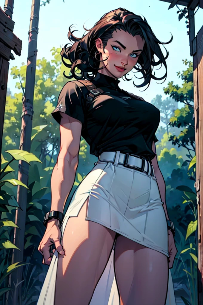 (work of art), best qualityer, ultra detali, 1 girl (Jessie Pokémon, big and beautiful breasts, barebody, cabelo roxo, hair slicked back, long hair,blue colored eyes), An adorable face ,front viewer, looking ahead at viewer,kind smile, nose blush, blush, standing alone, fine t-shirt, へそ, pleatedskirt, Ultra miniskirt, White lace thighs, at the forest, night time, standing, Sexy provocative belt