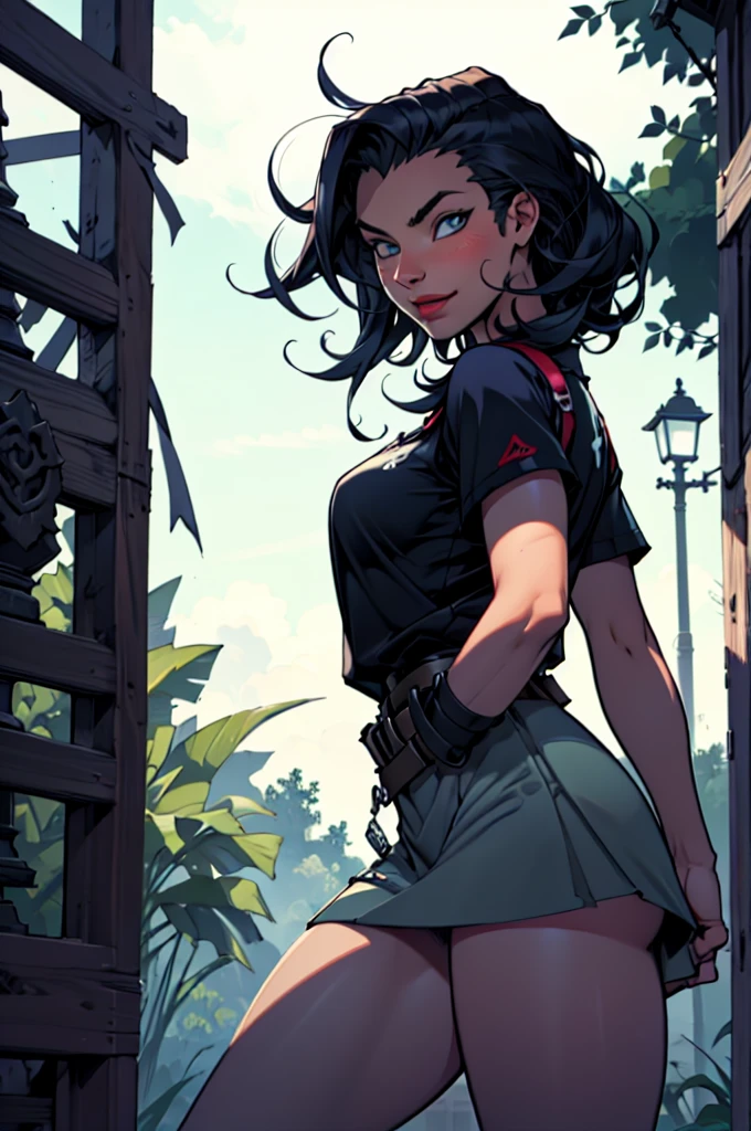 (work of art), best qualityer, ultra detali, 1 girl (Jessie Pokémon, big and beautiful breasts, barebody, cabelo roxo, hair slicked back, long hair,blue colored eyes), An adorable face ,front viewer, looking ahead at viewer,kind smile, nose blush, blush, standing alone, fine t-shirt, へそ, pleatedskirt, Ultra miniskirt, White lace thighs, at the forest, night time, standing, Sexy provocative belt