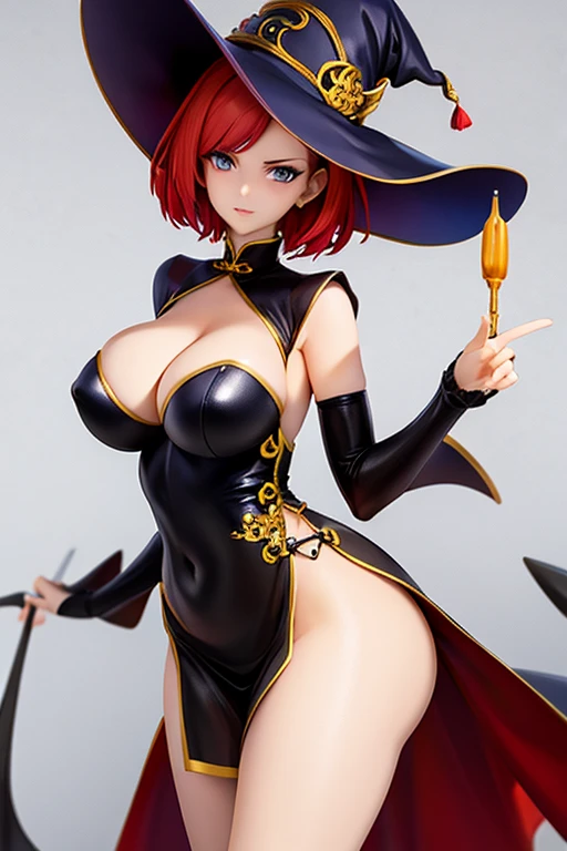 magazine cover of Redhead, witch, sexy pose, big breasts, China dress, short hair, witch hat