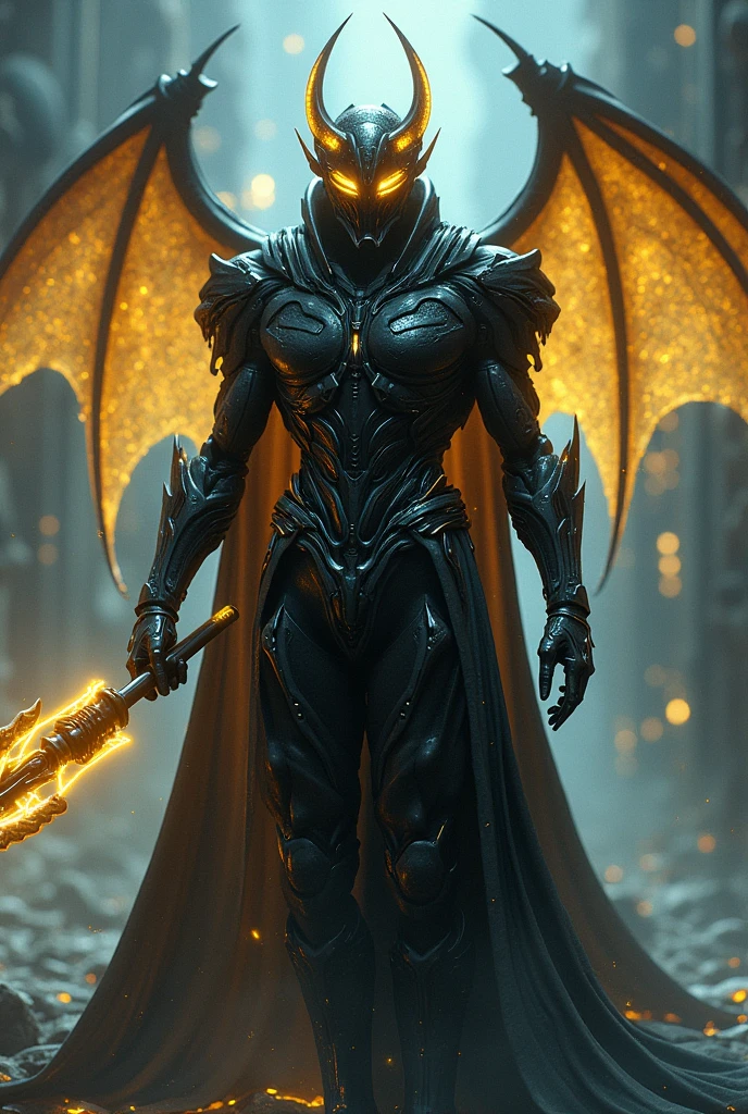 Create an image of an alien warrior in a futuristic, glossy black bodyform armor, complete with a sleek helmet featuring glowing yellow thin visor and large glowing horns. The armor is intricately designed with advanced technology and includes ethereal transparent glowing bat wings. The alien warrior stands in a powerful pose, holding a reaper scythe with glowing yellow blade in both hands, exuding strength and mystique, against a backdrop of a high-tech, otherworldly scene.