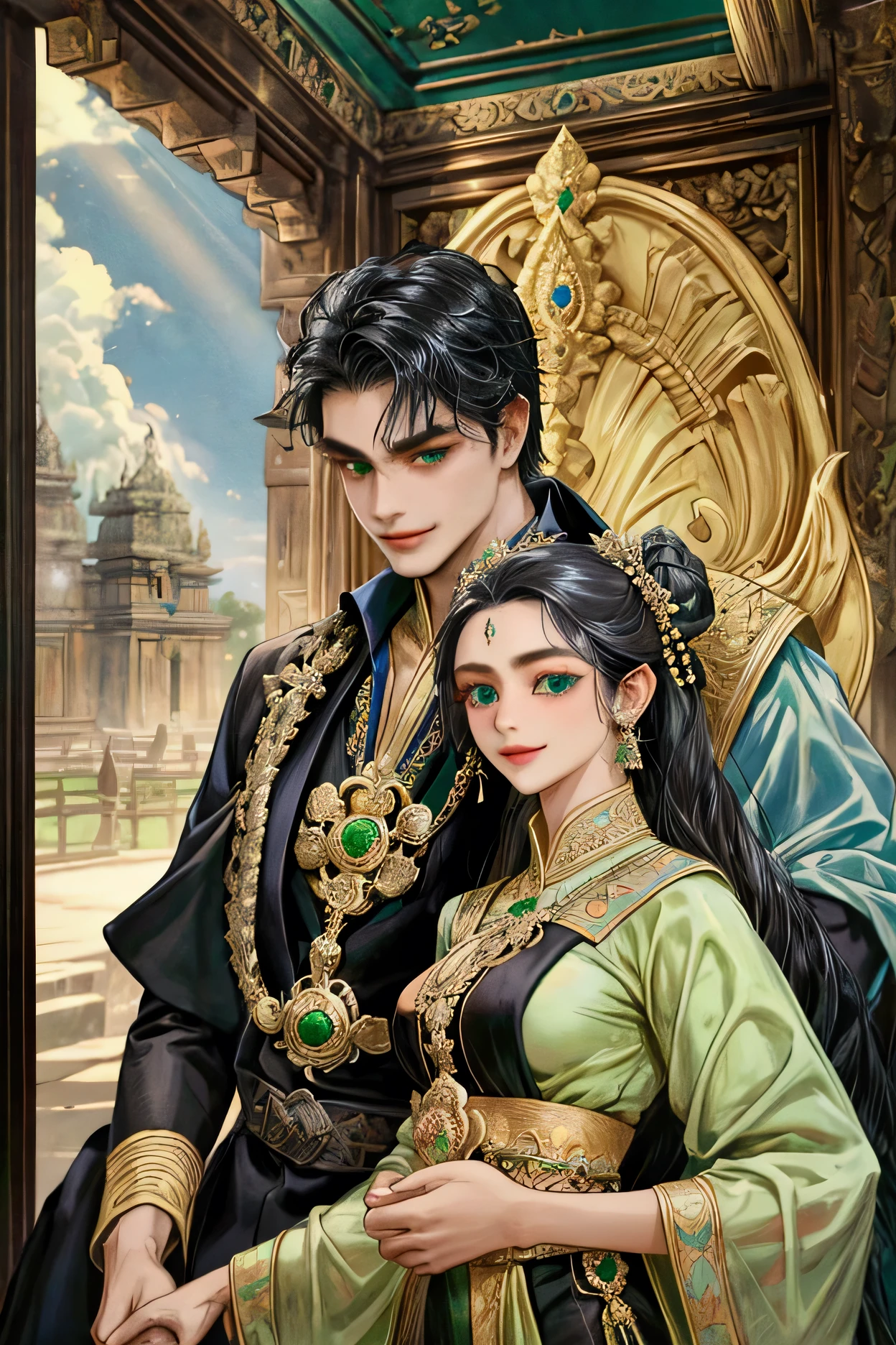 Couple, man and woman, black hair, javanese attire, rama and shinta, masterpiece, best quality, realistic, quiet and charming, 29 years old, blue eyes, serious, extremely detailed face, smile,((black hair)), [ eyebrows], green suit, prambanan temple, accurate, detailed