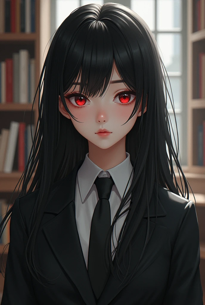 Black hair, red eyes, university student