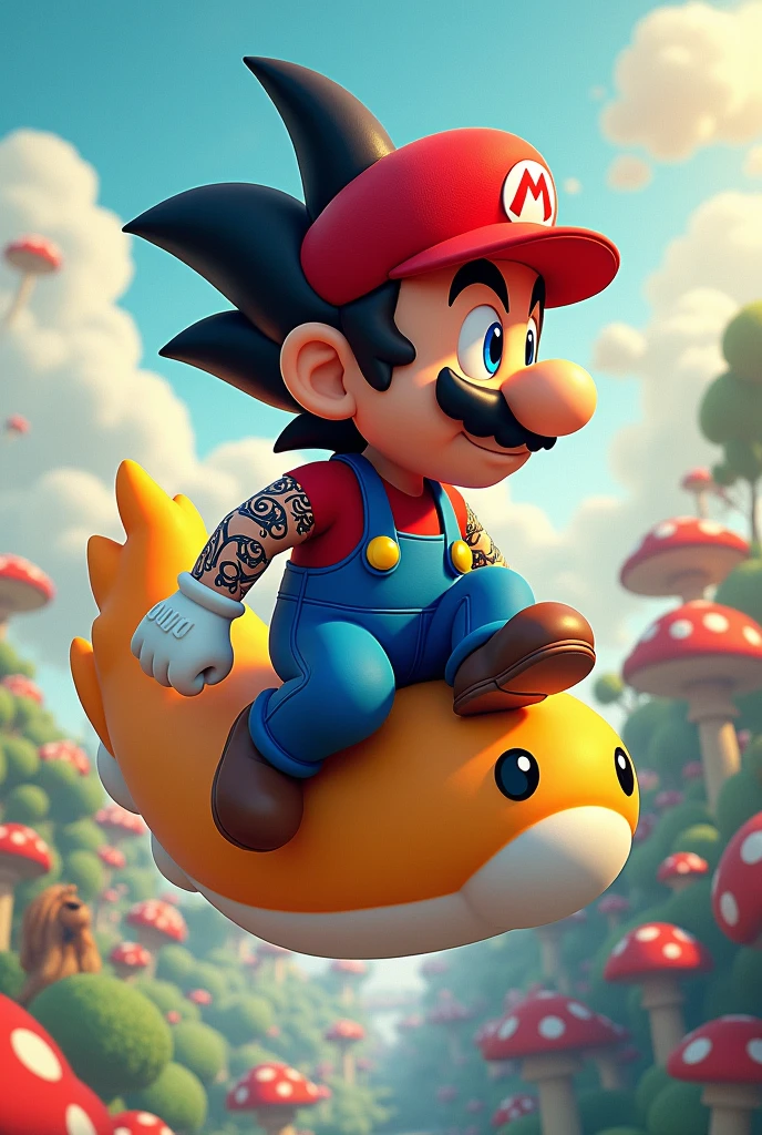 I want a Mario Bros design, with Goku clothing, riding on the flying cloud and with tattoos 