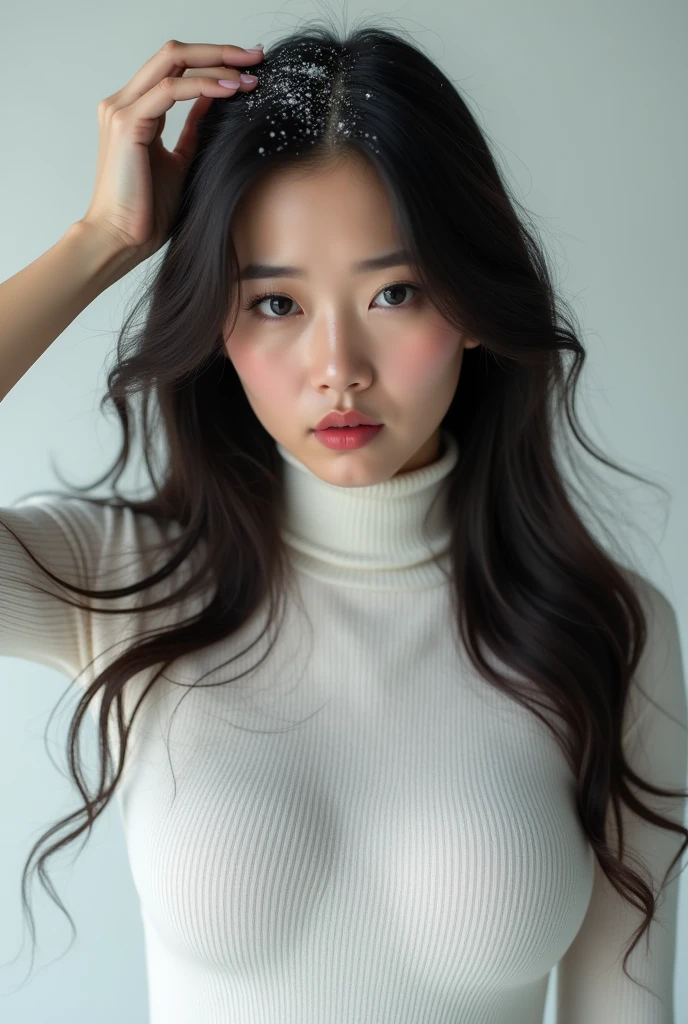 Create a long hair with Asian charm，Wear a white turtleneck long-sleeved tights，Proud figure，Huge protruding breasts，Scratching the scalp with both hands，A lot of dandruff on the top of the head，There is a lot of dandruff on the top of the head，Expression: unhappy，The characters are realistic and realistic，Pure white bedroom background，9:16 frames，Highest picture brightness，Ultra-high-definition picture quality