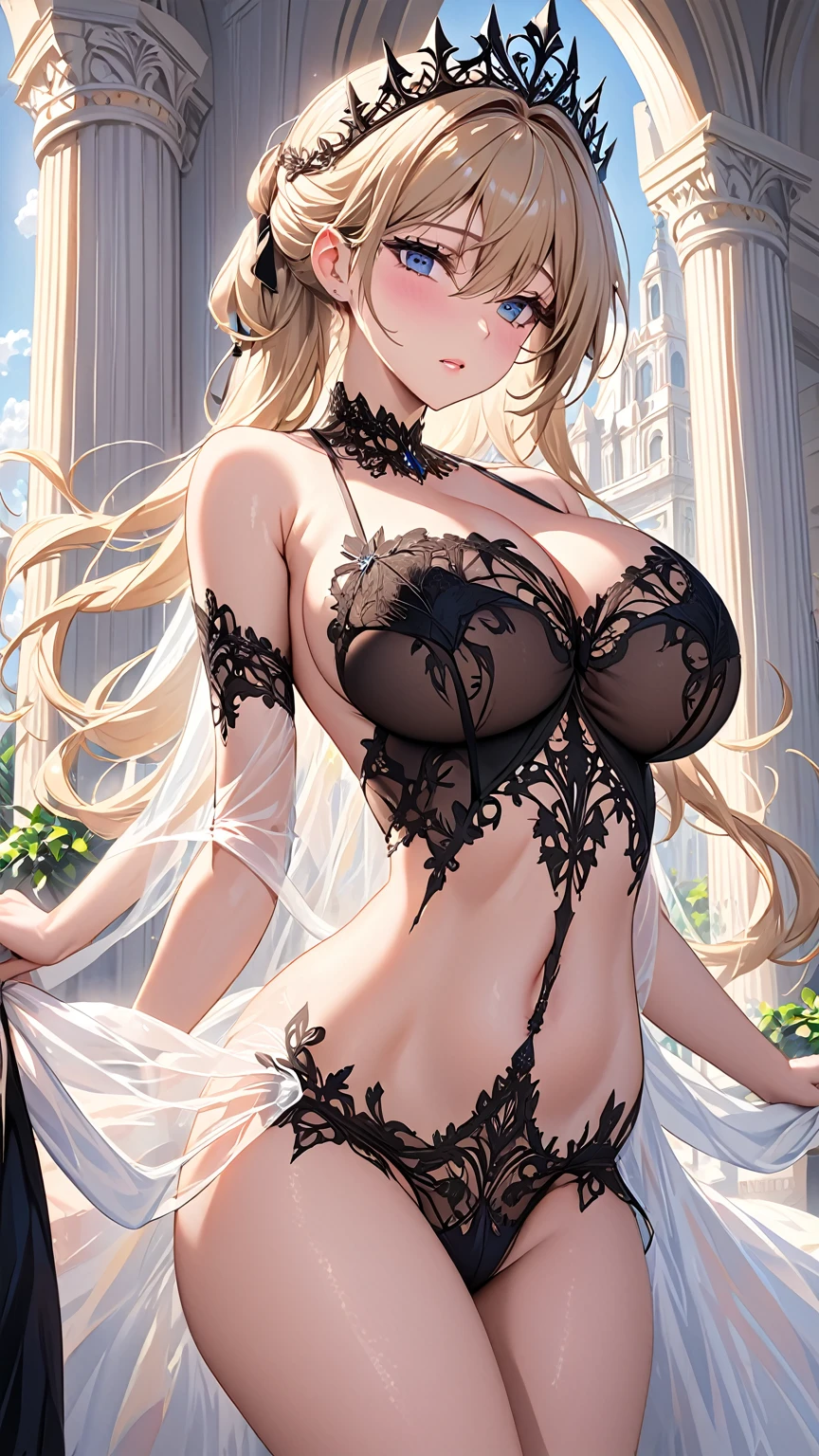 masterpiece:1.4,best-quality,Super Detail,Very Delicate and Beautiful, ((( nsfw, sexual, public indecency ))), (( A beautiful princess in sex act dress )), black lingerie, beige hair, gigantic breasts, beautiful eyes