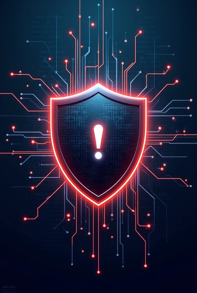 Create a cybersecurity poster featuring a large shield in the center with a data symbol (like a stack of binary code or a network node) embedded in it. The shield should have a glowing effect, symbolizing strong protection. Surround the shield with warning signs, such as an exclamation mark in a triangle, to emphasize the threat of cyberattacks. The background should be dark with digital elements like circuit patterns, encrypted code, and data streams. Include a bold warning message, such as 'Protect Your Data from Cyber Attacks!' in a modern, eye-catching font. The overall tone should be urgent and alert, highlighting the importance of cybersecurity