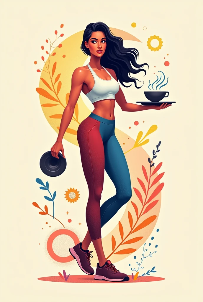 Logo for Instagram account, woman doing exercises, the other half the woman cooking, uses color psychology to make it more attractive to people, that draws attention,vector, Digital art