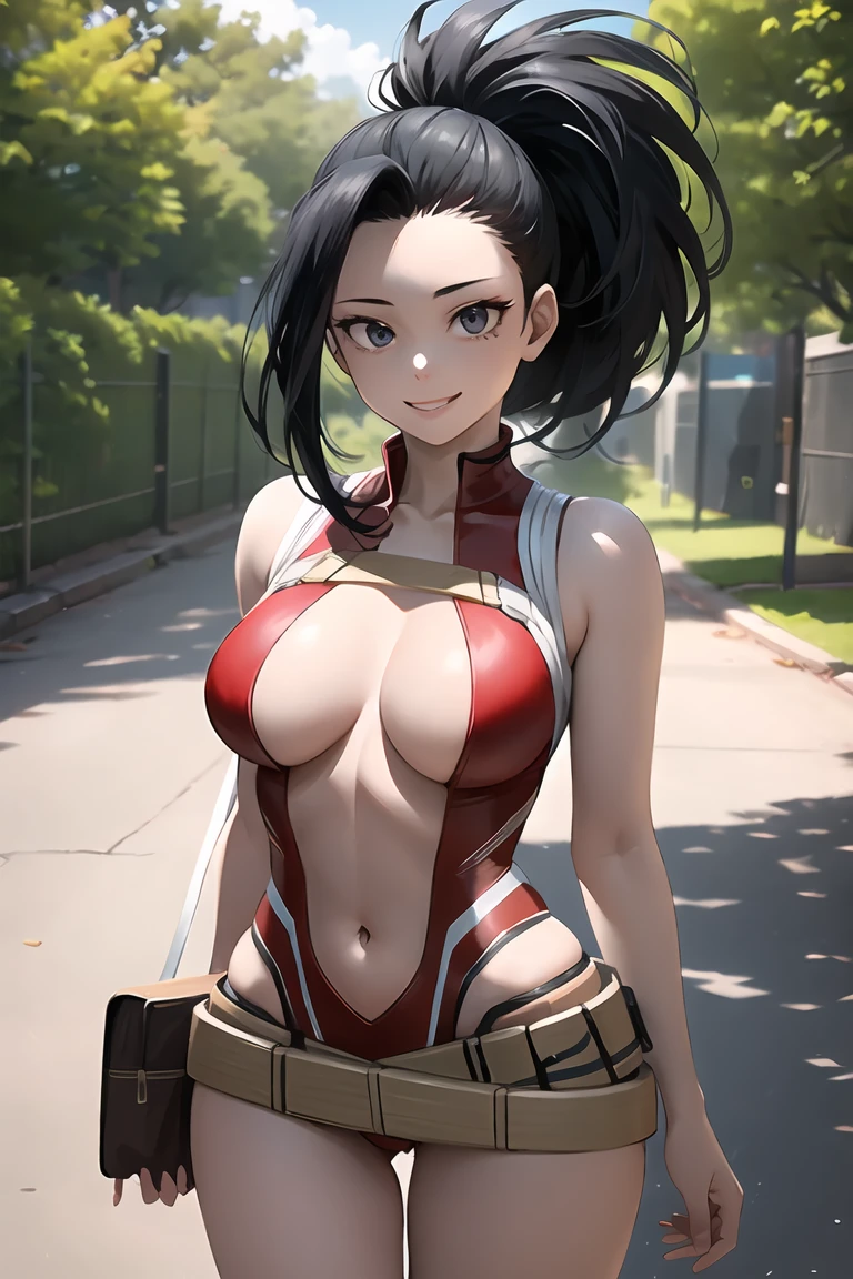 masterpiece, best quality, highres, 1girl, yaoyorozu momo, black hair, ponytail, hair pulled back, black eyes, large breasts, red leotard, navel, bare arms, bare legs, belt, smile, standing, cowboy shot, straight-on, arms at sides, looking at viewer, outdoors