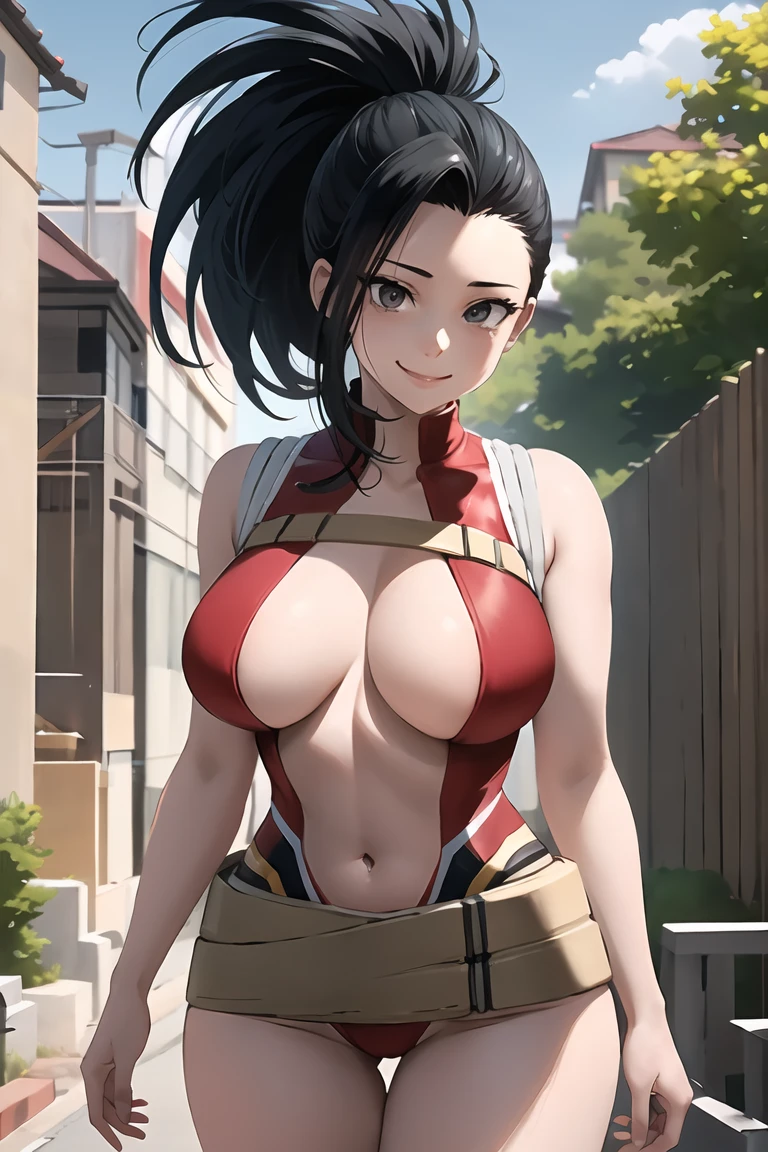 masterpiece, best quality, highres, 1girl, yaoyorozu momo, black hair, ponytail, hair pulled back, black eyes, large breasts, red leotard, navel, bare arms, bare legs, belt, smile, standing, cowboy shot, straight-on, arms at sides, looking at viewer, outdoors