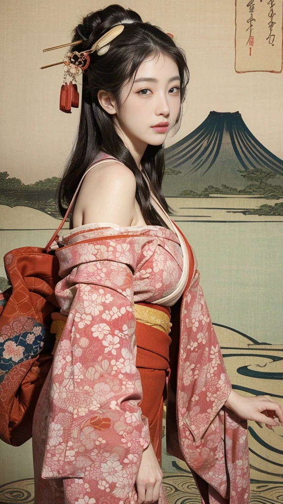 (background:Cherry blossoms on the mountain are covered with mist)((Ukiyo-e))japanese art,or period,tokyo art, lily,Natural landscape.(masseter membrane、top quality、Ukiyo-e style、mystery、Exquisite and beautiful、official art、Sharaku:1.2)、(1 japanese girl in:1.3)、(fractal art:1.3)、cowboy shooting、White skin、(beautiful brunette、kimono:1.2)、With Japanese traditional performing arts as the background、colorful、(reel、Belongs to Japanese style:1.2)、