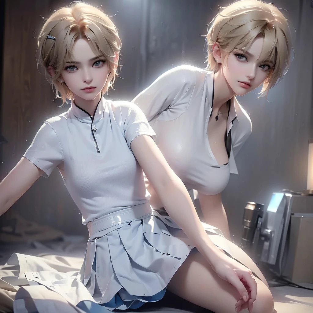 best quality, 1 child, teenager, (highly detailed child), intense color, highly detailed fingers, white shirt, light blue pants, tennis shoes, dynamic pose, dynamic light (masterpiece), ((best quality)), (( background 8k screen), ((ultra high resolution)), good composition, (ultra detailed), illustration, fine art, realistic, beautiful, good art, blank background, (white skin), shiny skin, thin skin, eyes bright blues, medium blonde hair, big eyes, bangs, piercing in left ear, medium short hair, pretty eyes, sharp focus, best quality, depth of field, lighting, black pants add_detail: 1, add_detail:0, add_detail:0.5 , more_details: -1, more_details: 0, more_details:0.5, more_details:1, more_details:1.5,