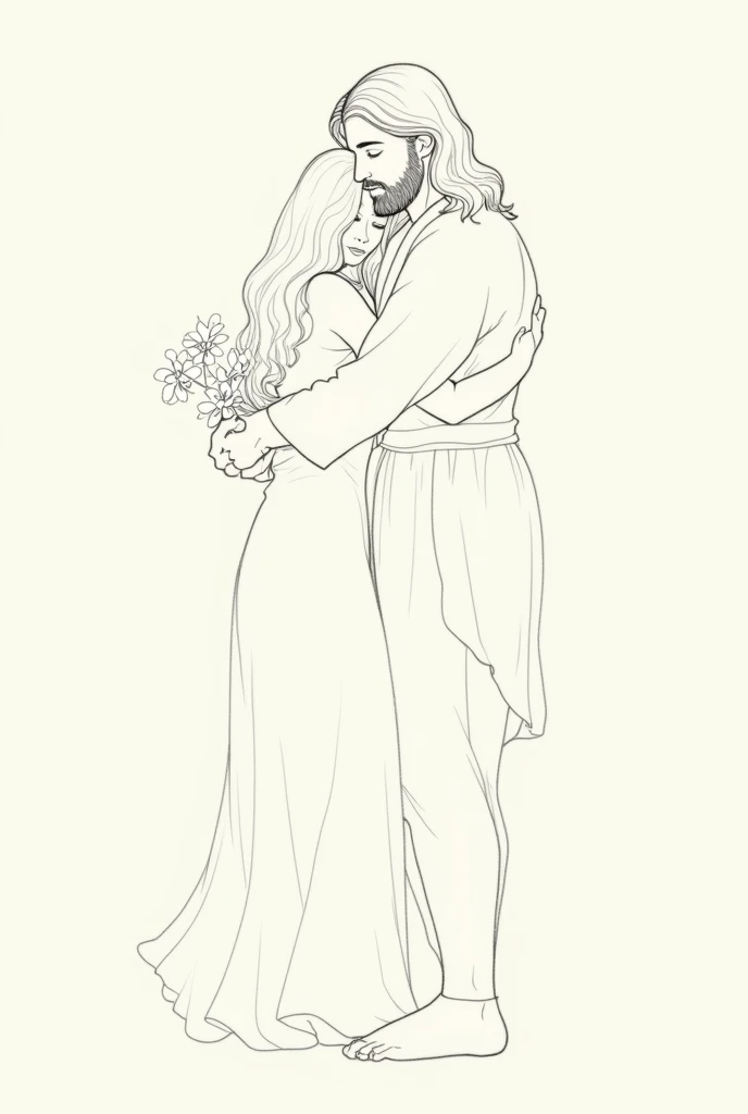 Create a simple image, similar to a continuous line sketch, in which Jesus is hugging a woman with long, curly hair. Jesus holds a jasmine flower in his hand as he hugs her, conveying a feeling of care and tenderness. The image should be minimalist, focusing only on the silhouettes and outline of the characters, without excessive realism, as if it were a drawing made with a single pen stroke.