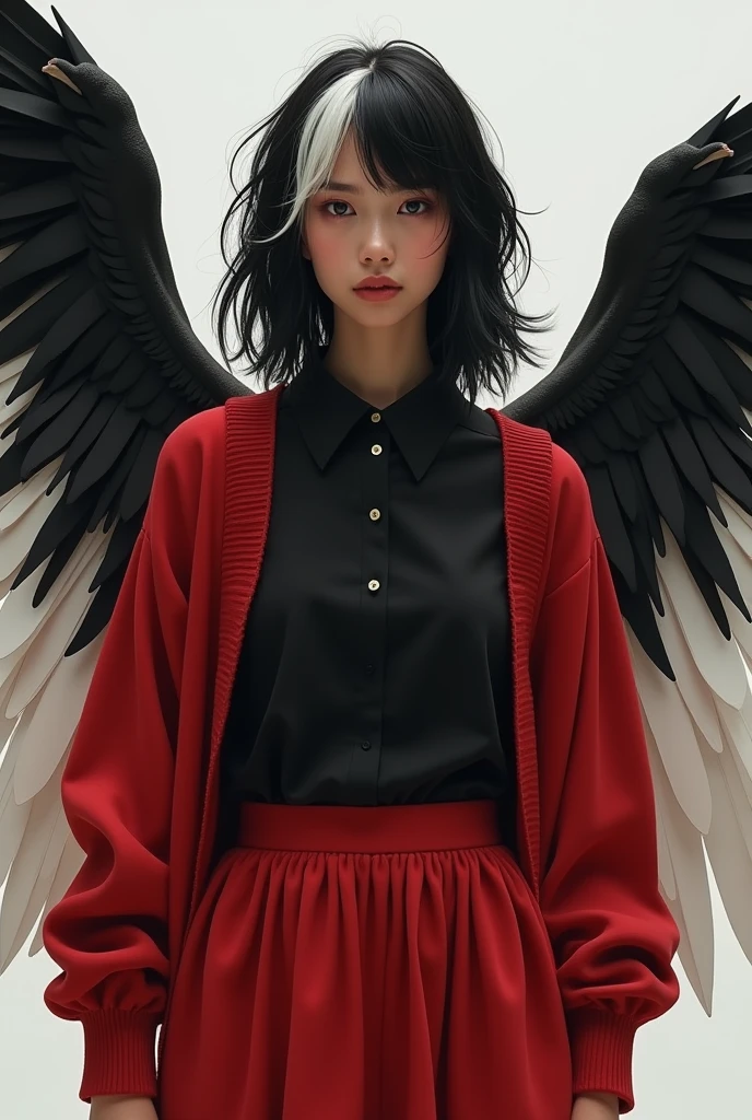Light brown-skinned woman with black hair and a white lock wearing a black shirt with a red sweater and skirt, red and black, and has two-tone wings on her back, one is black and white.
