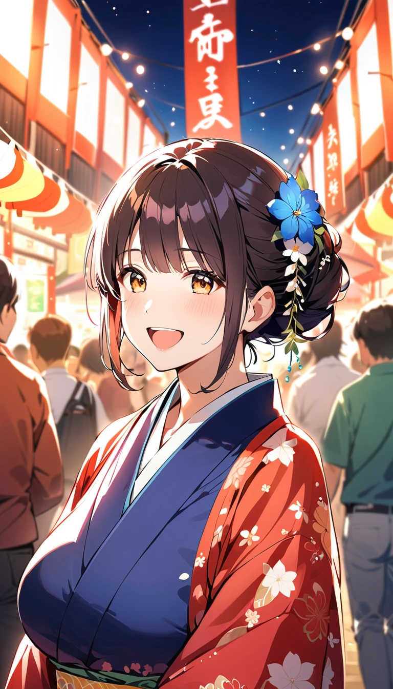 Embarrassing, smile, One girl, Outdoor,night,夏festival,(mature female:1.3),Super big breasts,Various hairstyles,Happy,kimono,Japanese clothing,beautiful,Sparkling,night,festival, Open your mouth,alone, Super cute,