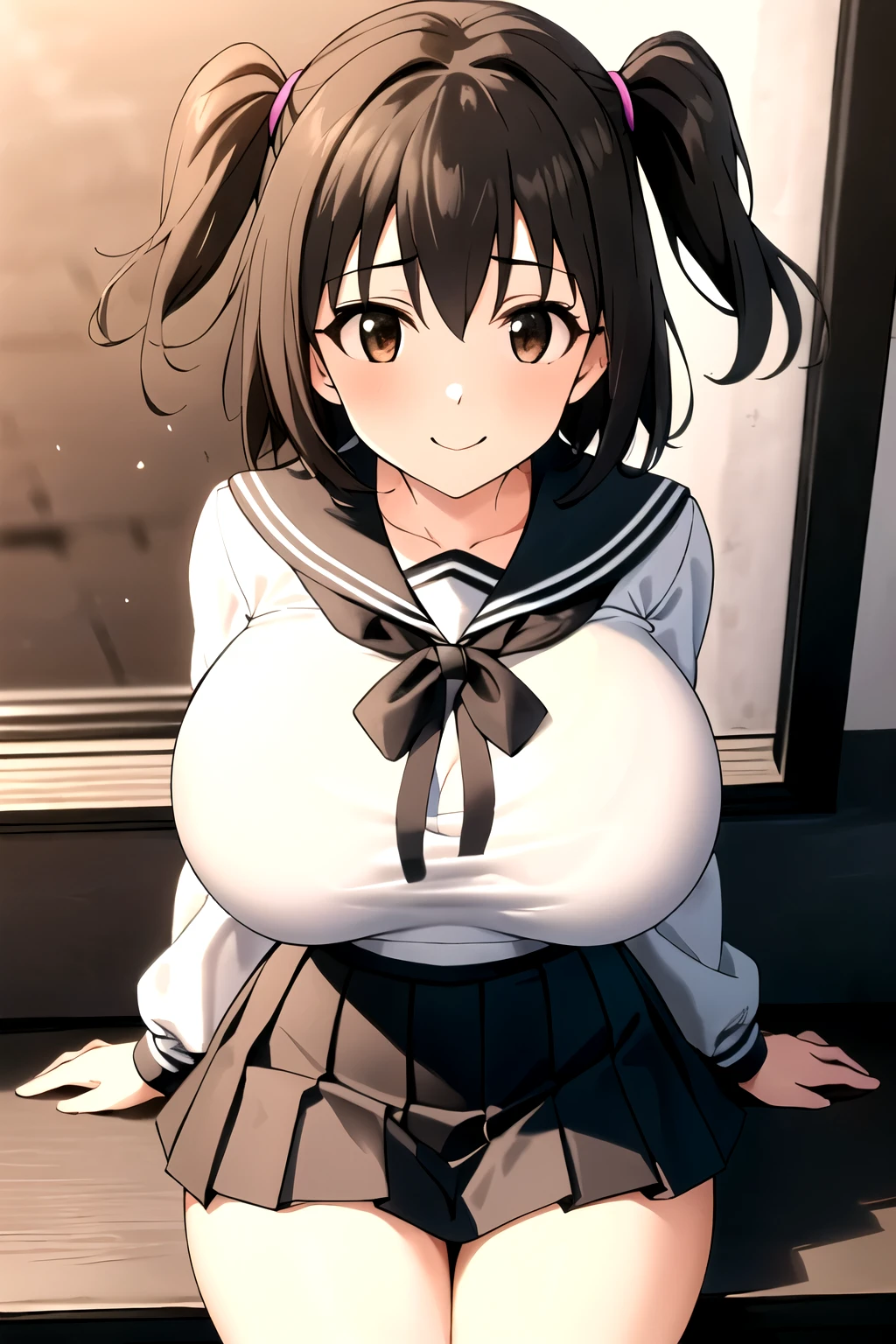 masterpiece, best quality,
1girl, 独奏, black hair, short hair, two side up, brown eyes,((large breasts)),(round breast),big tits,wide boobs,Breasts growing big,busty,smile,Slender body,(skinny body),Nice body,Stylish,Hourglass Shape,(Narrow waist:1.4),curvin waist,
serafuku, pleated skirt, sailor collar,
sitting, wind,
cowboy shot, looking at viewer,frustrated,Frustration,school,Upper Body,((breast focus)),(breast close-up),(Big breasts that stick out:1.4),Long breasts,(from above)