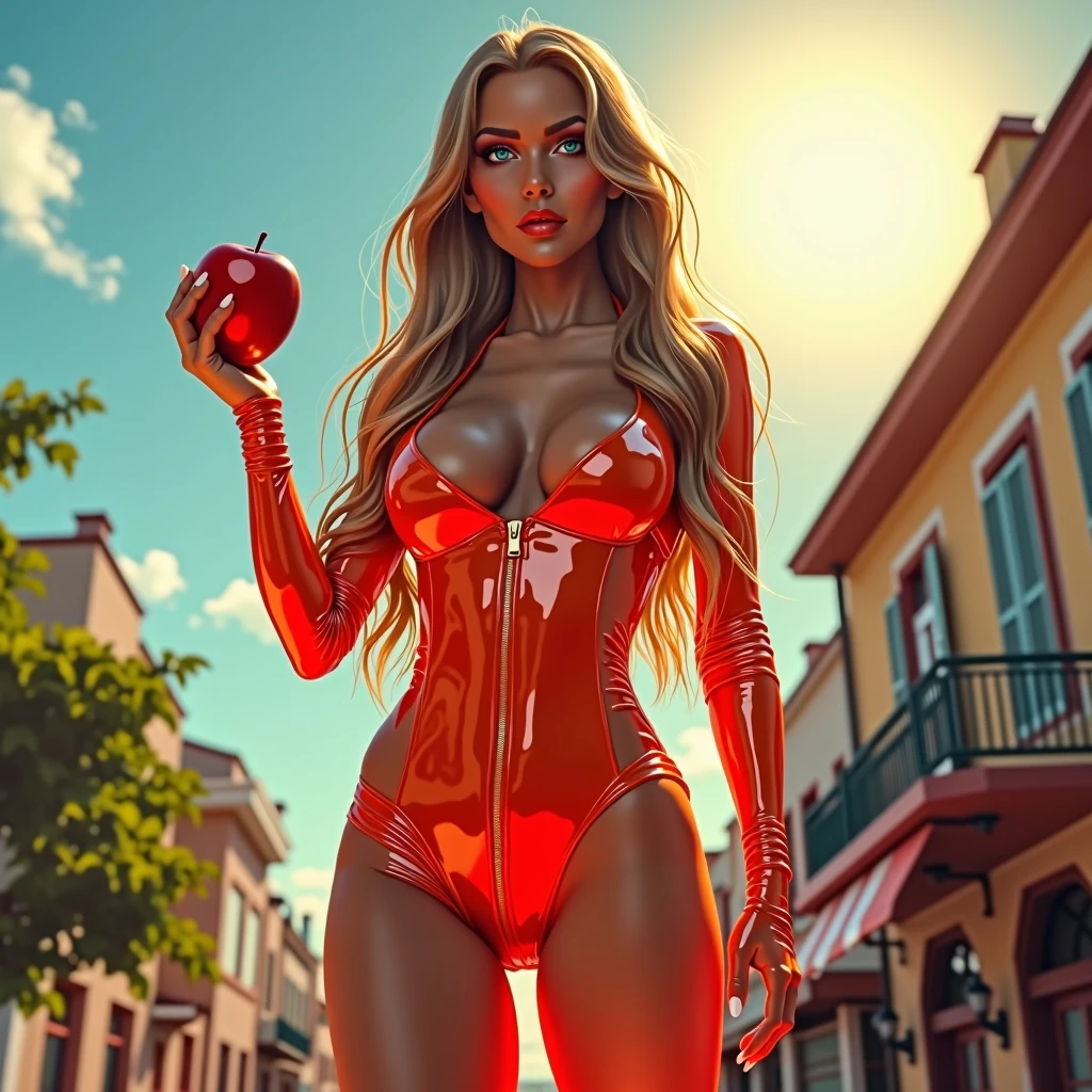 Girl macacão látex gold de frente de pé tênis branco ,ruiva caramelo long hair,Apple in hand,Poison apples,Witch Queen,Red lipstick , Masterpiece, high quality, high resolution, volumetric lighting, subsurface scattering, 8k, Beautiful woman, (morena olho azul skin), luz iluminado branco claro sky,cidade de dia sol amarelo, látex transparente vermelho, (large butt), large breasts, (long-sleeve blouse), (cotton-shorts:1.2), wavy