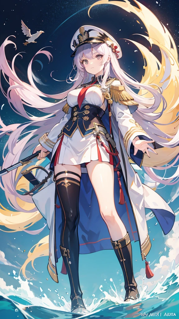 Airship,general,serious,Nine-tailed fox girl,long flowing hair,Big breasts,All American Body,Wear Sergeant Major Clothing,Wearing a sergeant's coat,black stockings