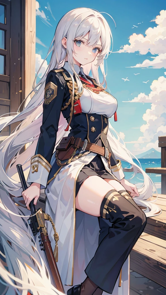 Airship,general,serious,Nine-tailed fox girl,long flowing hair,Big breasts,All American Body,Wear Sergeant Major Clothing,Wearing a sergeant's coat,black stockings