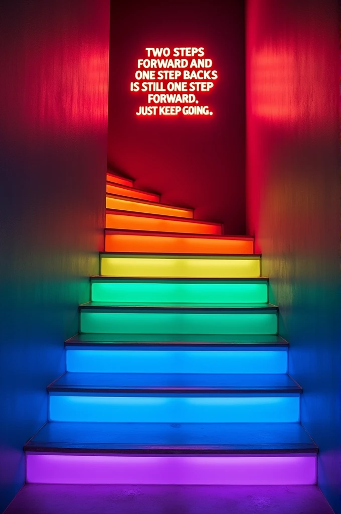 A captivating photo of six large, bright steps illuminated with vibrant neon colors. Each step glows with a different color, casting an etherealand whimsical atmosphere. The first step is a brilliant red, the second a vibrant orange, the third an eye-catching yellow, the fourth a soothing green, the fifth a calming blue, and the sixth a deep purple. The wall behind the steps features a motivational message in large, glowing neon letters: 'TWO STEPS FORWARD AND ONE STEP BACK IS STILL ONE STEP FORWARD. JUST KEEP GOING.' The words 'just keep going' stand out in a contrasting color, inspiring viewers to persevere through challenges. The overall atmosphere of the image is uplifting and motivational, encouraging forward momentum even in the face of setbacks., photo, vibrant, typography