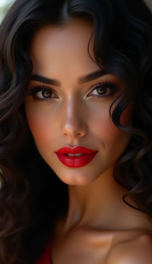 arafed woman with red lipstick and black hair posing for a picture, black curly hair, curly black hair, curly dark hair, detailed face with red lips, soft portrait shot 8 k, black long curly hair, gorgeous latina face, long black curly hair, sultry digital painting, portrait shot 8 k, detailed beauty portrait, sexy face with full makeup, fixing the viewer.