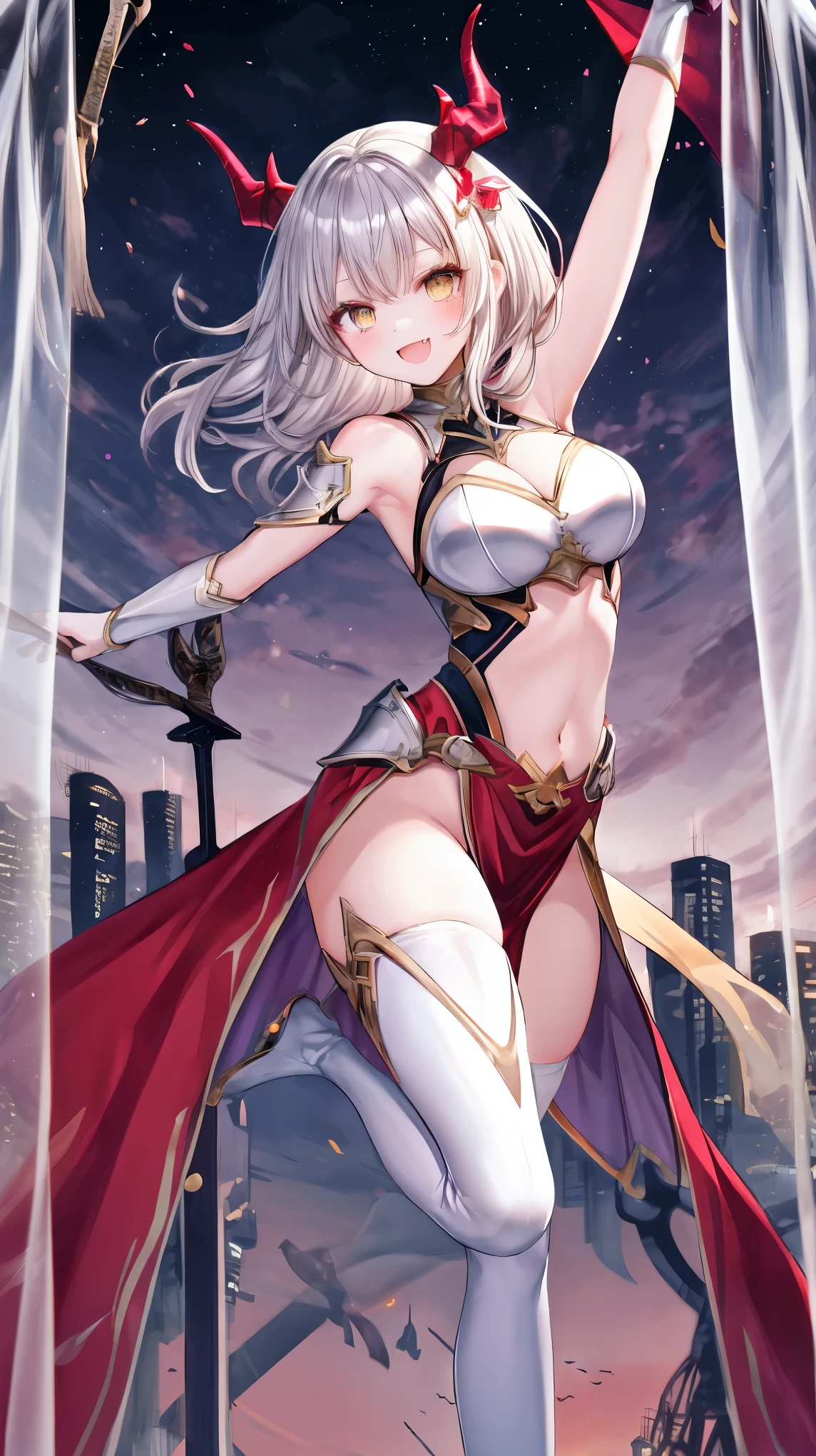 fantasy, 1devil_girl, low_, platina_blond_hair,long_bangs,, bare_shoulder, navel out, thighhighs,silver_armor, red_clothes,waist_armor, Glebe, hold_swords, large_breasts, dynamic_flying_pose,Floating,(pelvic_curtain:1.3), silver_Headgear ,looking_down_at_sunrise_city_sky_background,,slightly_spread_legs, some_swords,some_swords_floating_around_the_girl,solo,horn ,smile,,open_legs,open_arms,rise_knee,rise_leg,rise_thigh,rise_leg,forward_leaning_posture,apart_legs,fang,Shiny_gold_eyes,crotch