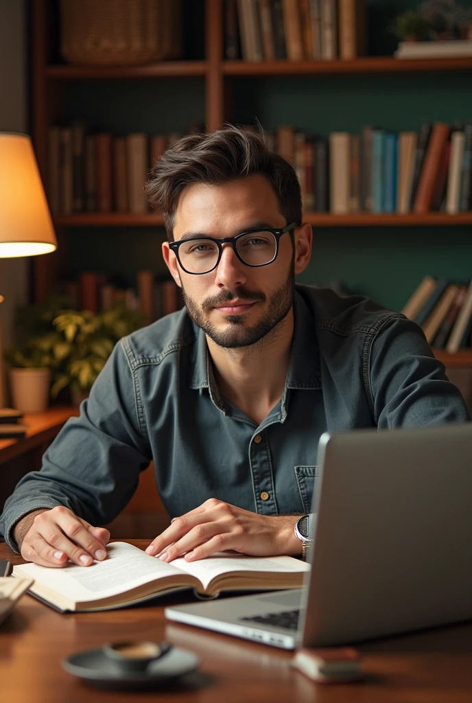 "Create a profile picture that reflects a male individual's interests without showing any person. Include elements such as a stack of books, a laptop with graphic design software open, and a cup of coffee. The background should be a cozy study area with warm, inviting colors. Incorporate subtle design elements like a desk lamp and a potted plant to convey a sense of scholarly focus and creativity."