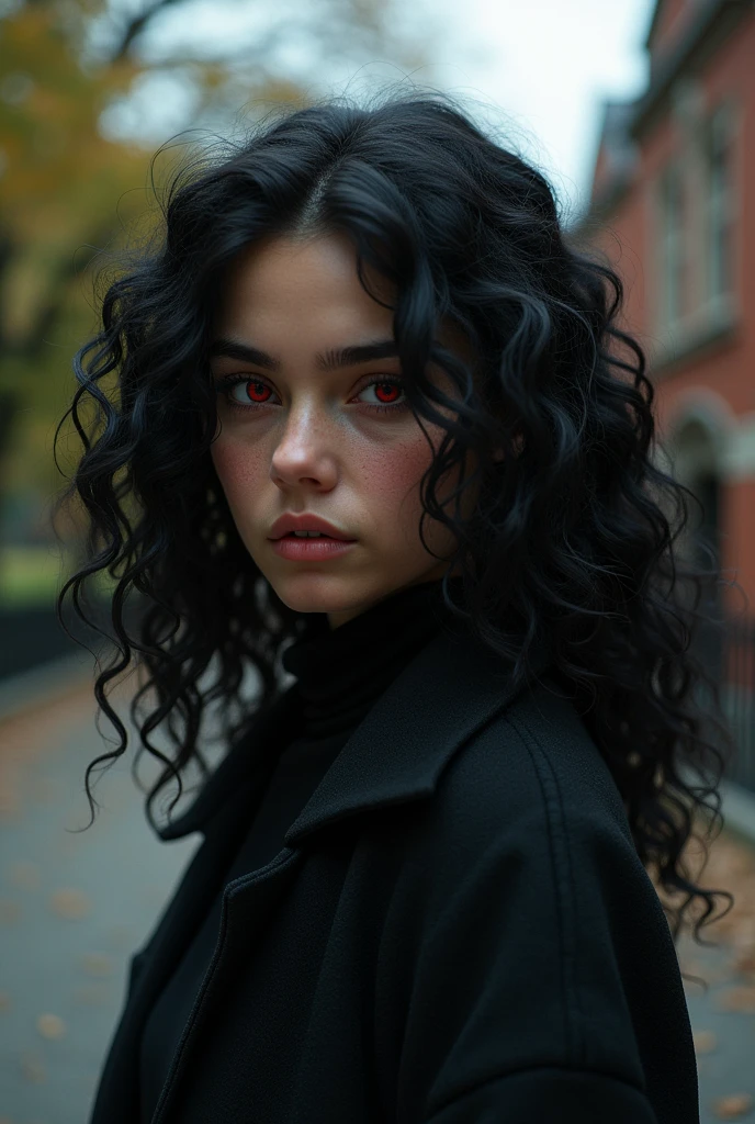 Black hair, red eyes, college student, curly hair, female