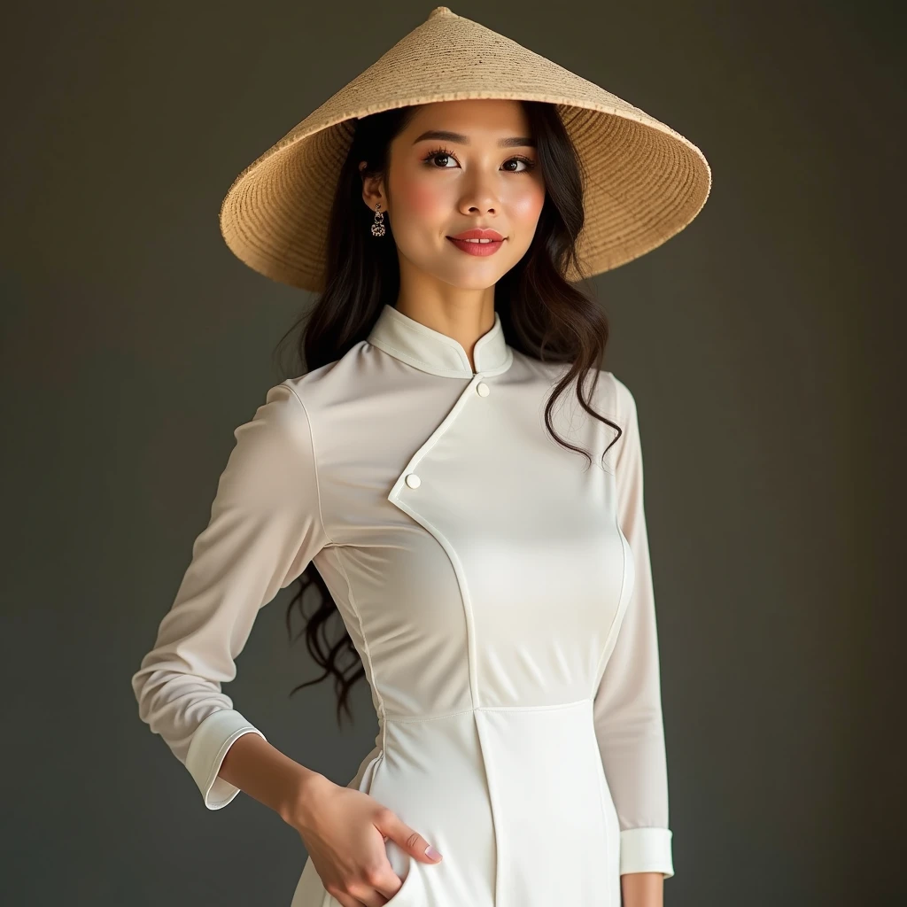 sexy Vietnamese woman big boobs in traditional cloth white ao tai and straw hat and in realistic style