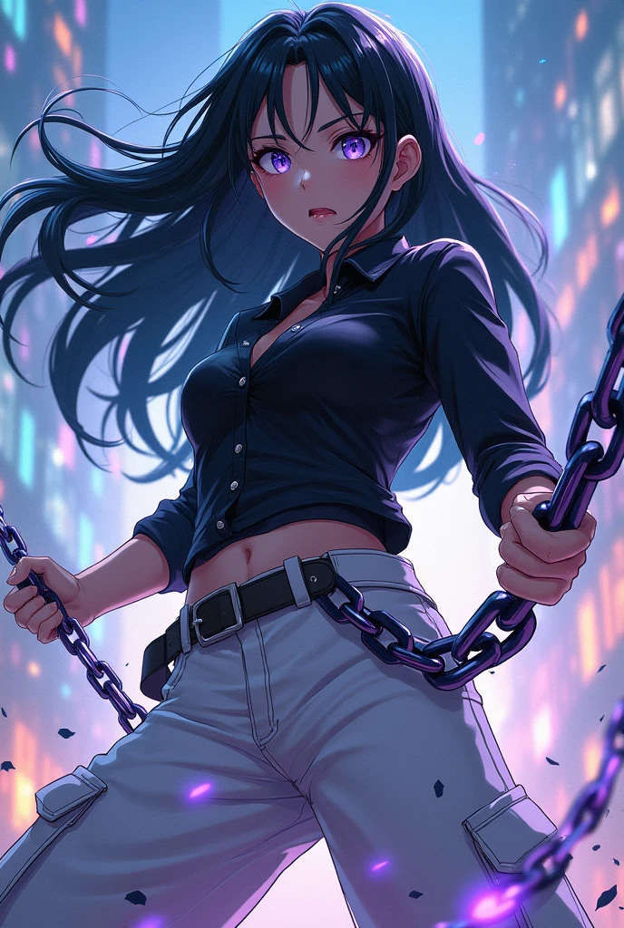 As a very female Hero Academia character, black hair, hair just above the hip, black collared shirt with long sleeves and wide white cargo pants, purple eyes with wind power and chains as a weapon