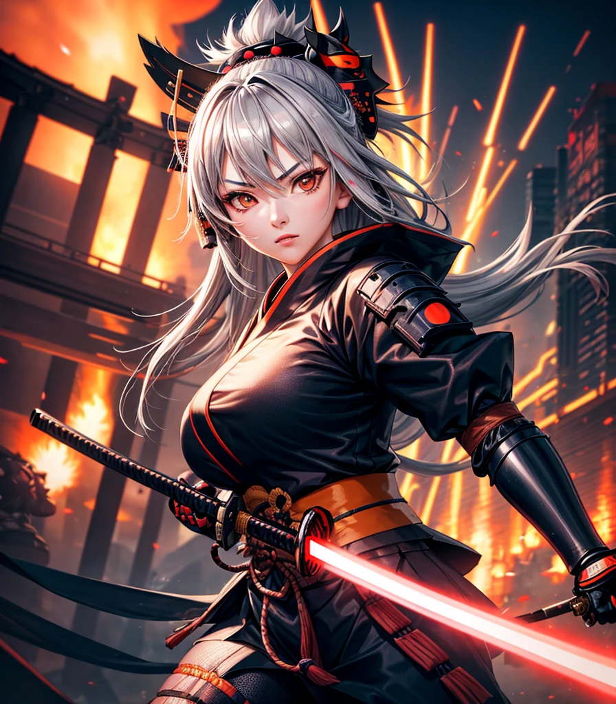 masterpiece, best quality, high detail, 1 girl, gray hair, orange eyes, (wearing a samurai mask:1.2), samurai outfit, holding glowing samurai sword, cyberpunk, city, night city, explosions in background, realistic