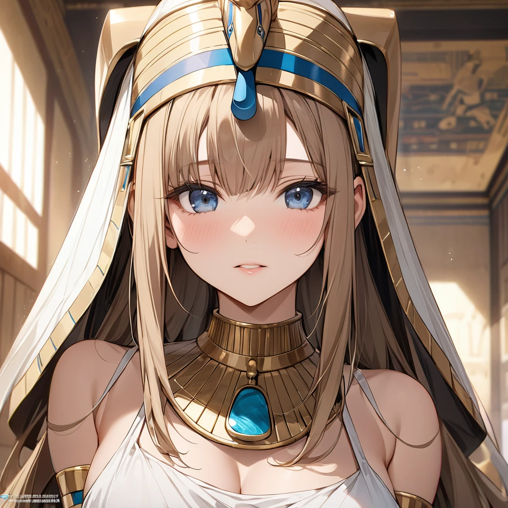 ((Highest quality)), ((masterpiece)), (detailed), （Perfect Face）、The woman who represents Tutankhamun in ancient Egypt is Yuuki Asuna, with light brown, semi-long hair.、The woman is dressed as Tutankhamun, an ancient Egyptian.、Tutankhamun&#39;s hat、Dress up in glittering ancient Egyptian accessories