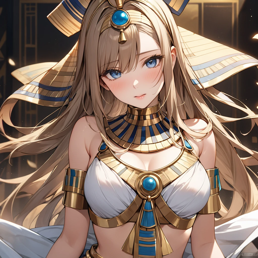 ((Highest quality)), ((masterpiece)), (detailed), （Perfect Face）、The woman who represents Tutankhamun in ancient Egypt is Yuuki Asuna, with light brown, semi-long hair.、The woman is dressed as Tutankhamun, an ancient Egyptian.、Tutankhamun&#39;s hat、Dress up in glittering ancient Egyptian accessories