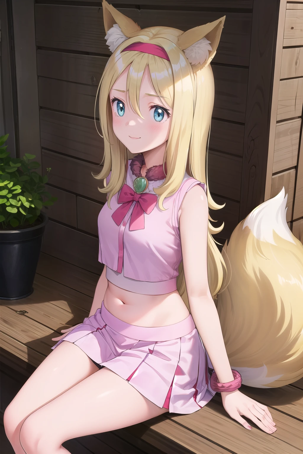  1 girl, standing alone, blue colored eyes, hair blonde, long hair, hypdertailed, side locks, range,
range de cabelo rosa, range de cabelo arco, headband, pink bow, fox tail, fake tail, animal ears, fox ears, animal ear fluff, fake animal ears,
pink blouse, top cut, sleeveless, high collar, pink skirt, mini-skirt, tummy, bracelet, Fur trim, bare skin,
ssmile,cloused mouth,cowboy shot,sitting down,
forst,open air,
(incredibily detailed, beautifull detailed face, work of art, best qualityer) cinematic lighting,