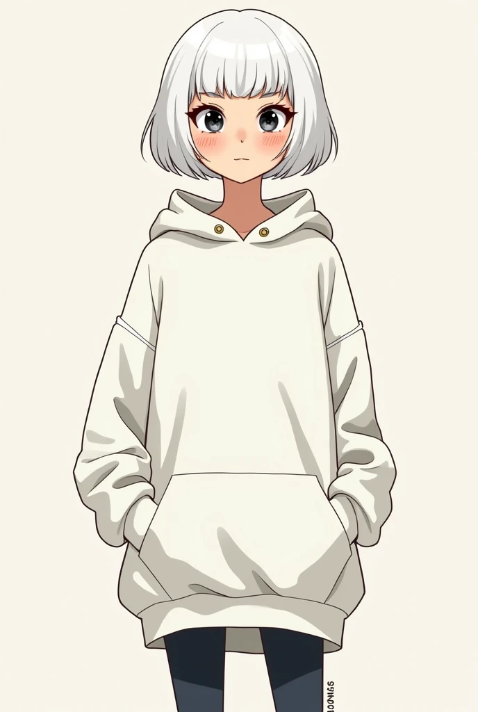 Drawn comic style Cute russian Tall girl, albino skin , white Bobcut haired, black eyes, ín a loose white hoodie