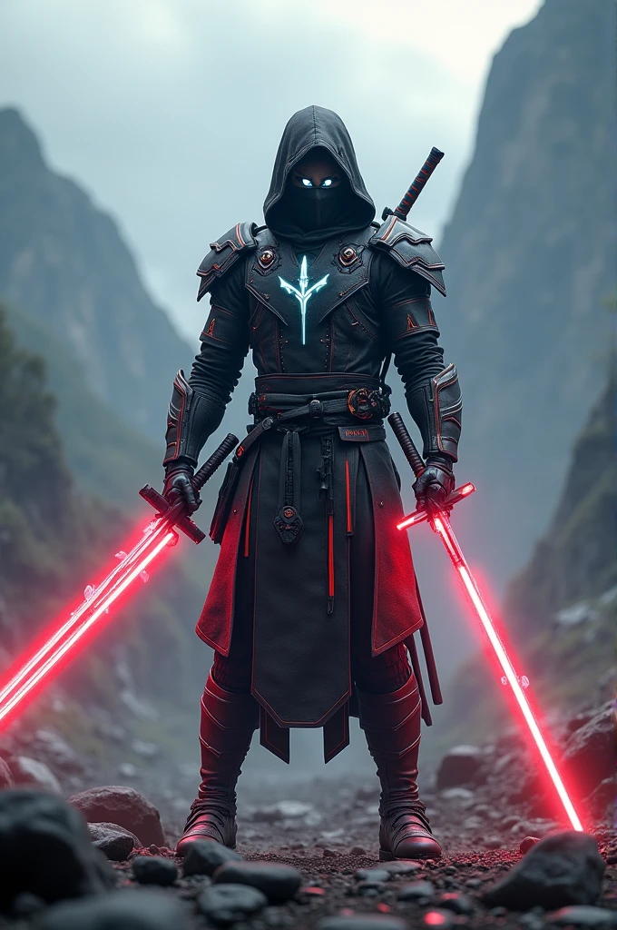 Ninja warrior stands on the battlefield with a valley backdrop.  Wearing a ninja outfit mixed with cyborg warrior armor partially made of white neon diamonds, full body, glowing energy, he holds a powerful ninja sword with red lights around the sword, view 15 feet away.  , rendered in Cinema4d format, ultra-high definition, photorealistic images, best quality, extra details, OC rendering, rendering images as  3D, 8K movie, 3-point light, flash with softbox, 8k, f2.8, bokeh,Sony A7R