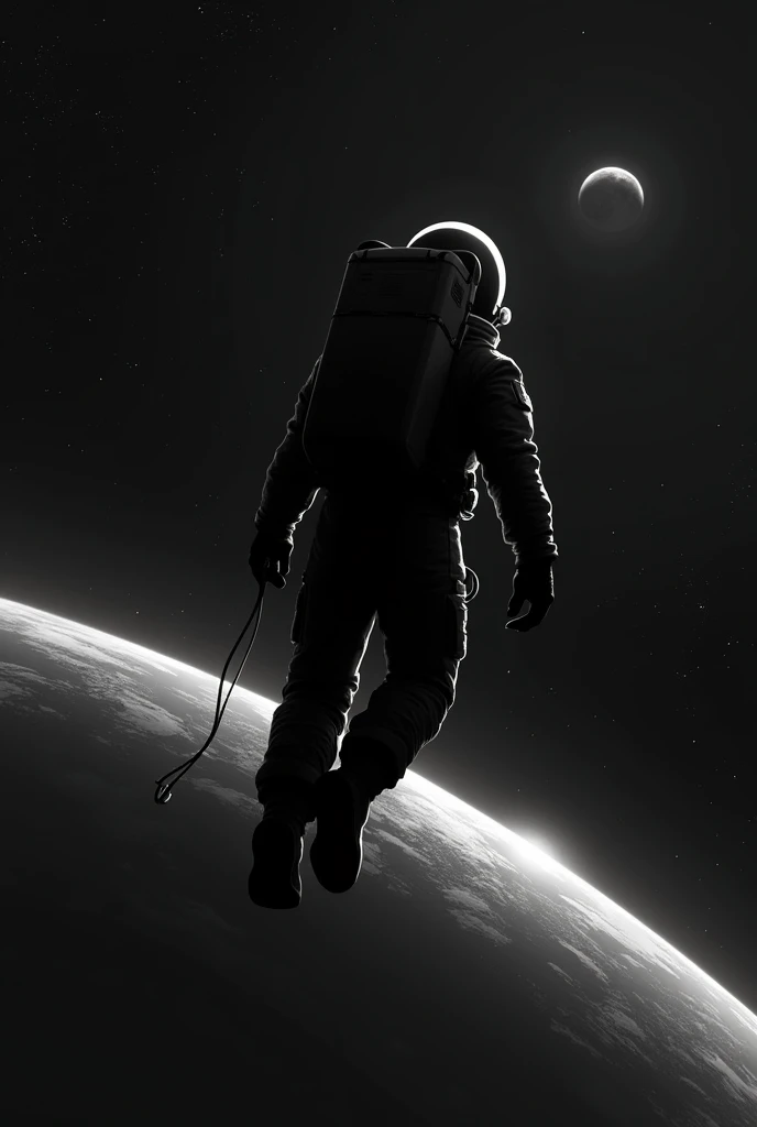 Make a depressed astronaut in space looking at the earth,in black and white 