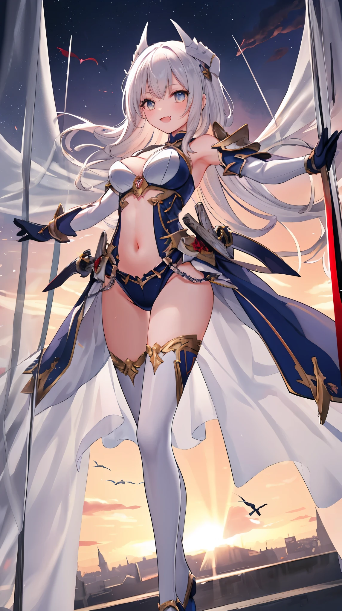 fantasy, 1devil_girl, low_, platina_blond_hair,long_bangs,, bare_shoulder, navel out, thighhighs,silver_armor, red_clothes,waist_armor, Glebe, hold_swords, large_breasts, dynamic_flying_pose,Floating,(pelvic_curtain:1.3), silver_Headgear ,looking_down_at_sunrise_city_sky_background,,slightly_spread_legs, some_swords,some_swords_floating_around_the_girl,solo,horn ,smile,,open_legs,open_arms,rise_knee,rise_leg,rise_thigh,rise_leg,forward_leaning_posture,apart_legs,fang,Shiny_gold_eyes,crotch